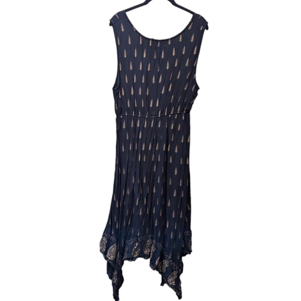 Lapogee Sleeveless Asymmetrical Hem Gold Leaf Print on Black Midi Dress (XL)